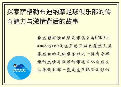 探索萨格勒布迪纳摩足球俱乐部的传奇魅力与激情背后的故事