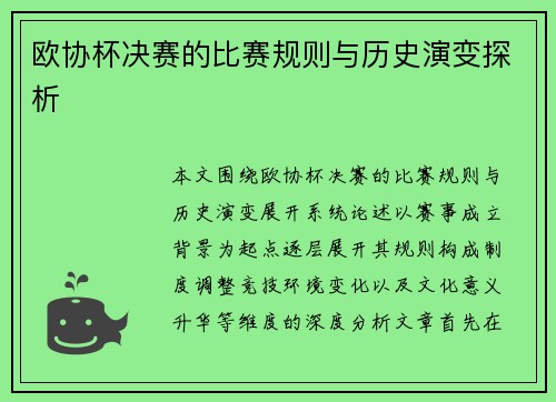 欧协杯决赛的比赛规则与历史演变探析