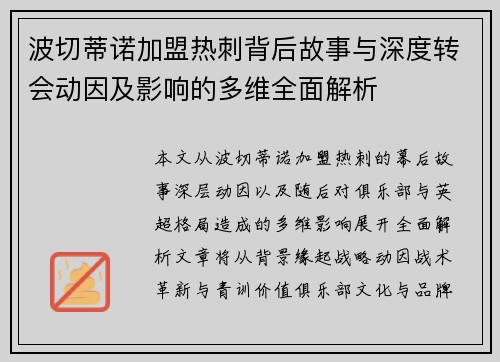 波切蒂诺加盟热刺背后故事与深度转会动因及影响的多维全面解析