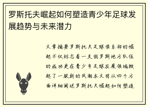 罗斯托夫崛起如何塑造青少年足球发展趋势与未来潜力