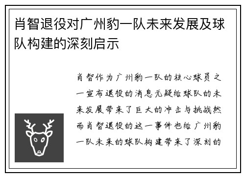 肖智退役对广州豹一队未来发展及球队构建的深刻启示