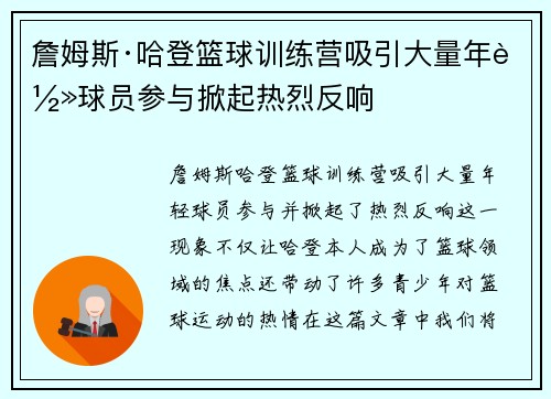 詹姆斯·哈登篮球训练营吸引大量年轻球员参与掀起热烈反响