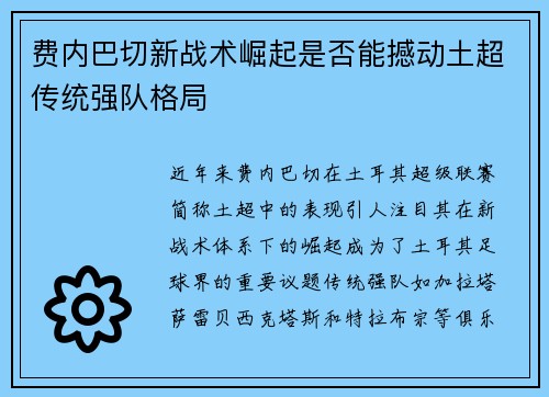费内巴切新战术崛起是否能撼动土超传统强队格局 费内巴切新战术崛起是否能撼动土超传统强队格局
